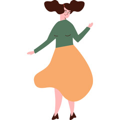 Stylized Female Figure With Wavy Brown Hair Wearing A Teal Long Sleeved Top And A Flowing Orange Skirt With Brown Shoes Dancing In A White Background