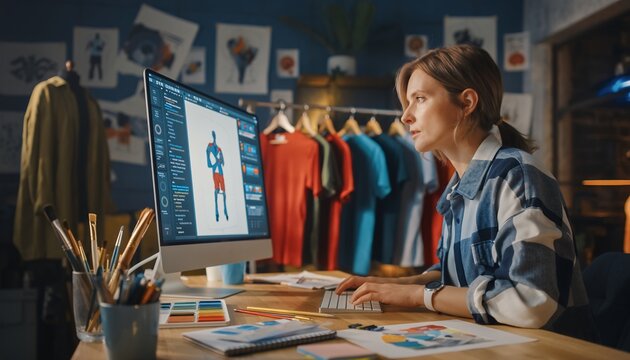 Focused fashion designer creating digital clothing illustration on computer screen at her home studio, concept for apparel design, digital fashion prototyping and product visualization process