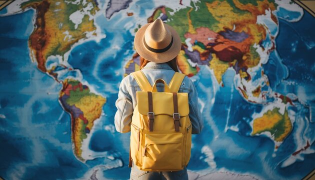 Young woman with yellow backpack facing a colorful world map background. Concept for travel planning, educational geography and global business ideas