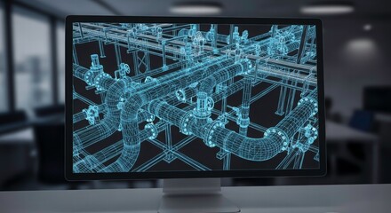 Blueprint on Screen: A high-tech digital blueprint of an industrial system is showcased on a modern computer screen, highlighting intricate design and technological advancements.