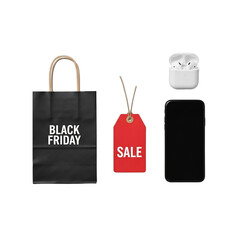 Flat lay of Black Friday items: black paper bag, red sale tag, smartphone, wireless earbuds. Perfect for e-commerce, holiday sales, online shopping promotions, Cyber Monday campaigns. Clean,