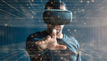 Man wearing VR headset reaching out in a digital world with glowing lines, concept for virtual reality experience, futuristic technology and immersive gaming simulation