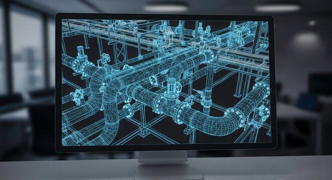 Blueprint on Screen: A high-tech digital blueprint of an industrial system is showcased on a modern computer screen, highlighting intricate design and technological advancements.