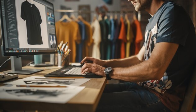 Fashion designer working on computer displaying t-shirt design in bright workshop, concept for online store, clothing brand and apparel catalog