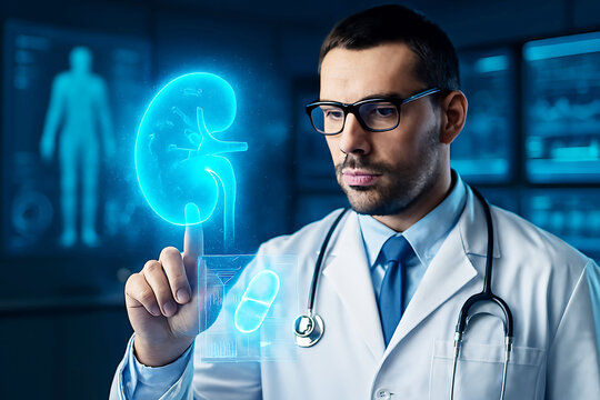 Nanotechnology research concept showing nano robots repairing human cells holographically.
