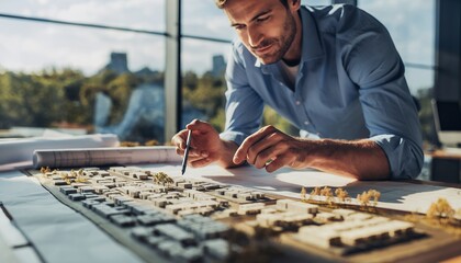 A male architect examining a detailed city model in bright studio, holding a pen, concept for urban planning, architectural visualization and design presentations
