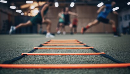 Close-up agility ladder on gym floor with athletes blurred in background doing drills, concept for speed training, athletic performance and fitness challenge
