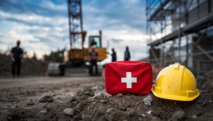 Red first aid kit and yellow hard hat on construction site with workers in background, concept for occupational safety, emergency response and workplace health