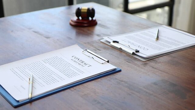 Contract agreement documents and gavel on a wooden table.