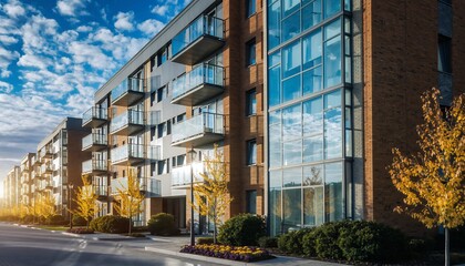 Fototapeta premium Modern apartment building exterior with glass balconies under blue sky, showcasing sunlight and autumnal trees, concept for urban living, real estate marketing and architectural design