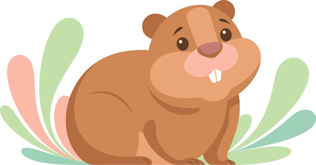 Obraz premium Cartoon Groundhog with Cheeks, Teeth, Surrounded by Mint and Salmon Shapes