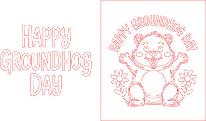 Obraz premium Cartoon Groundhog with Flowers Celebrating Groundhog Day Outline Illustration for DIY Projects