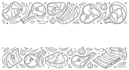 Outline sketch seamless border with different raw meat cuts, ribs, steak, and spices like chili, garlic, and bay leaves, ideal for food-related designs.