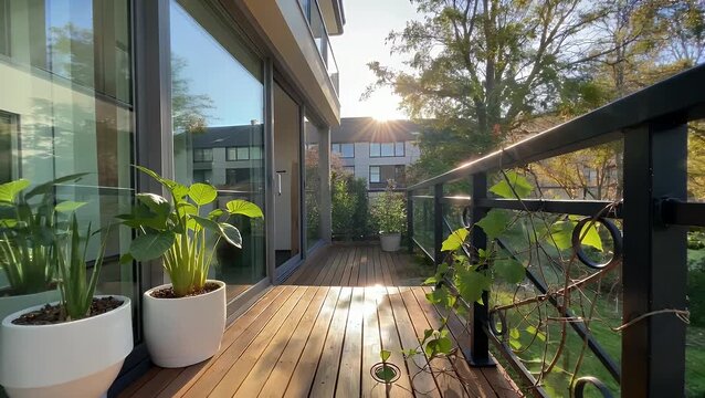 sun-drenched veranda featuring modern architectural design with timber decking and paneling on a residential structure situated within a verdant