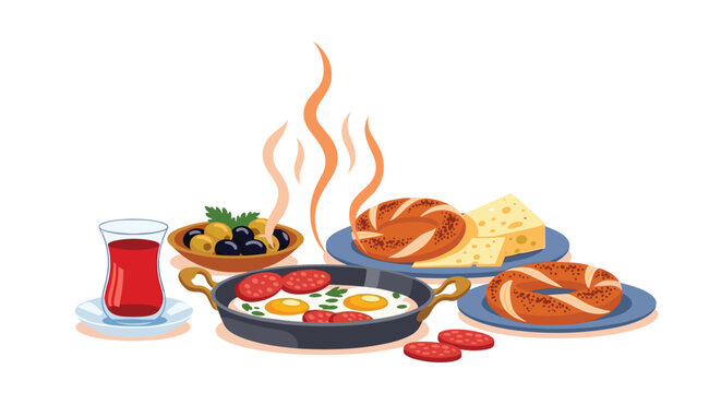 A hearty and colorful traditional Turkish breakfast setup with hot sucuk eggs, olives, cheese, fresh simit bread, and a glass of Turkish tea.