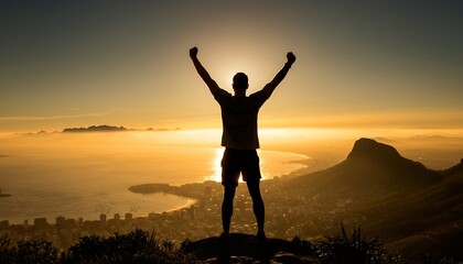 Fototapeta premium Silhouette of triumphant man with raised arms overlooking coastal city at sunrise, concept for achievement, motivation and personal growth