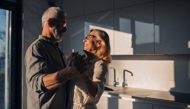 Happy senior couple dancing intimately in modern kitchen bathed in warm sunlight, concept for retirement lifestyle, lasting love and home comfort