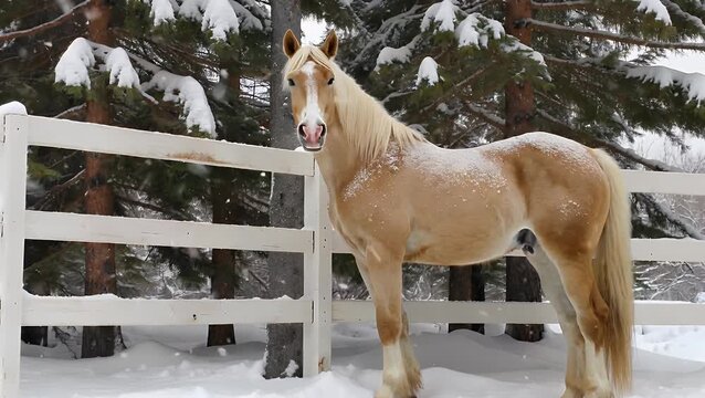 Palomino Colored Quarter Horse Breed Standing Patiently Beside a White Painted Rail Fence During the Intensity of a Blizzard with Snow Covered Pine Trees in the