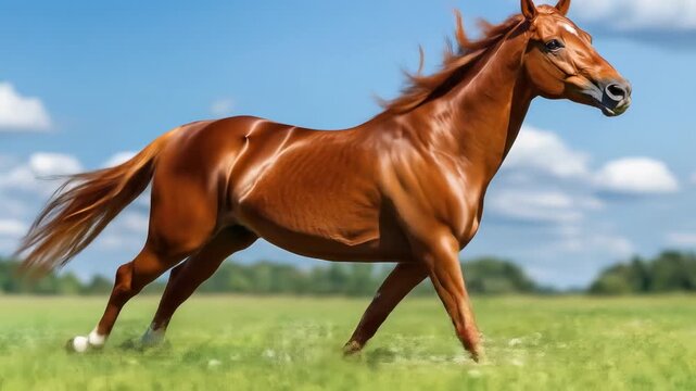 Chestnut horse running in a grassy field with blue sky
