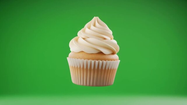 A single delicious vanilla cupcake with a perfectly swirled creamy frosting, isolated on a vibrant green screen background for easy compositing