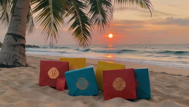 Set of Decorated Gift Wrapped Boxes Placed on the Sandy Shore of a Summer Beach with the Clear Blue Sea in the Background Symbolizing Vacation and