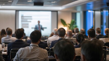 Fototapeta premium Business People Meeting and Working while Business Executive Lead Presenter Speaks to Group of Successful Technology Entrepreneurs. Consultant Advisor. Growth Training Lecture. Defocused Blurred