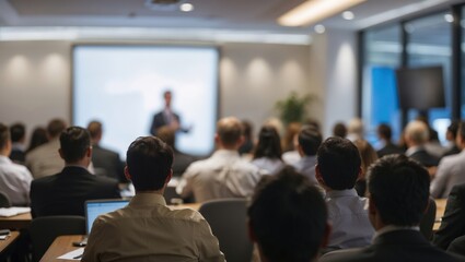 Business People Meeting and Working while Business Executive Lead Presenter Speaks to Group of Successful Technology Entrepreneurs. Consultant Advisor. Growth Training Lecture. Defocused Blurred