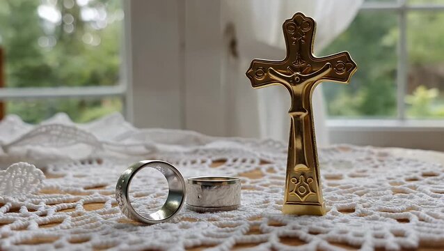 Arrangement of Two Matrimonial Wedding Bands and a Religious Cross on a Wooden