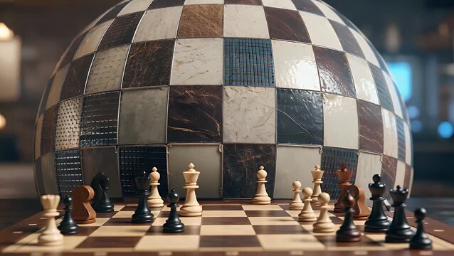 spherical object patterned with alternating light and dark squares  positioned above a flat surface used for a strategic game alongside the pieces employed in that game  generated by