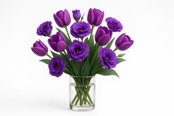 Bouquet of purple tulips and eustoma in a simple clear glass vase isolated on white studio floral