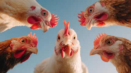 Group of curious chickens looking down toward the camera against a clear blue sky, representing poultry farming and agriculture