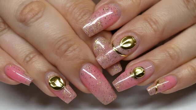 Detailed Close-Up View of an Elegant Manicure Featuring Pink Glitter and Intricate Gold Foil Nail Art