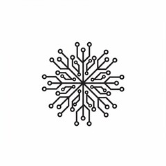 A symmetrical circuit board design resembling a snowflake, rendered in black lines on a white background, featuring connected circles and lines