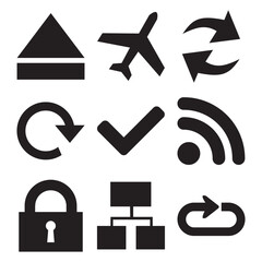 Collection of common black silhouette icons representing various concepts and actions