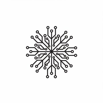 A symmetrical circuit board design resembling a snowflake, rendered in black lines on a white background, featuring connected circles and lines
