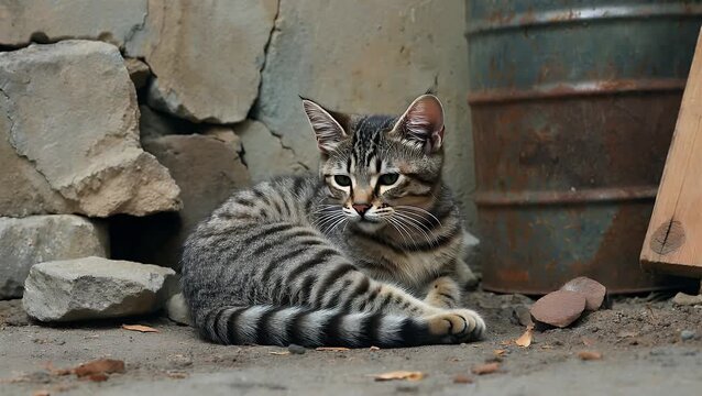 Gray Tabby Kitten Appearing Lonely and Helpless in an Urban Outdoor Derelict