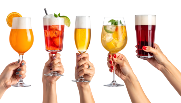 Woman hands holding cocktails, champagne and beer glasses isolated on transparent png