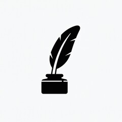A stylized inkwell with a single feathered quill, rendered in a simple black and white design on a plain background