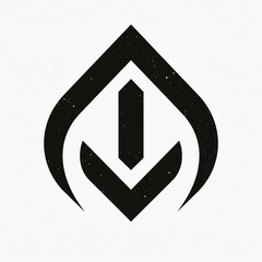 Abstract graphic comprised of an outer teardrop shape surrounding a central arrow pointing downwards. Textured with subtle speckles