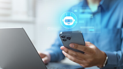 ai, artificial intelligence, machine, learning, Business person using smartphone with AI chatbot hologram representing artificial intelligence, automation, and data technology.