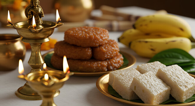 New Year Food Table: Traditional Sinhala & Tamil Aluth Avurudu Kema Mesaya, Brass Lamp, Auspicious Feast, Sri Lankan Culture
