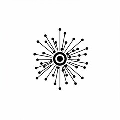 A black and white graphic depicting a central circular element with radiating lines and dots, resembling a stylized burst