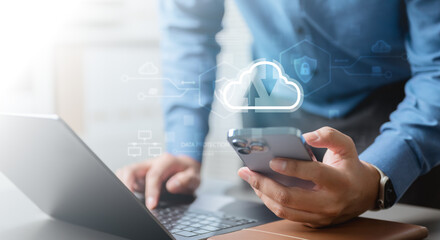 technology, data, analytics, bigdata, dashboard, statistics, Business professional using smartphone and laptop with cloud computing icon representing data analytics, technology, and big data network.