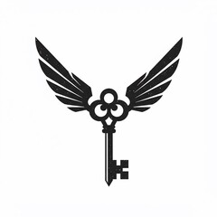 Intricate, black antique key with ornate detailing, wings spread above. White background. A vintage, symbolic design for opening secrets