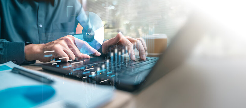analysis, analytics, finance, business, dashboard, data, report, investment, growth, economy, Hands typing on laptop with data visualization overlay showing business analytics and financial growth.