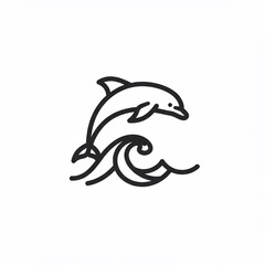 A minimalist line drawing depicts a leaping aquatic mammal with a curved wave below. The design is simple and elegant