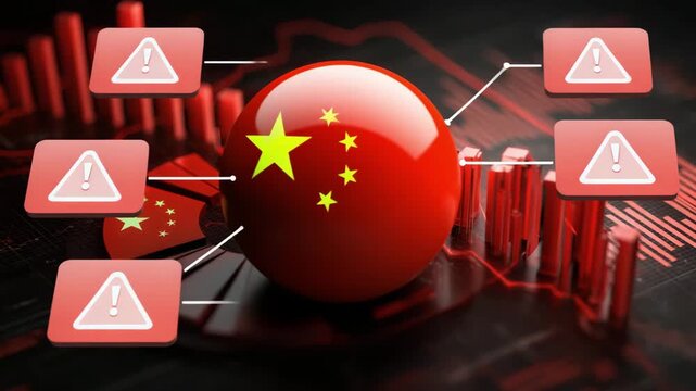Close-up of a glossy red sphere featuring the national flag of China with reflections on a futuristic surface, symbolizing modern technology global economy and national identity