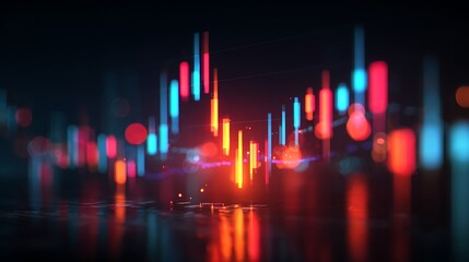 Abstract financial chart with glowing bars in red and blue on a dark reflective surface