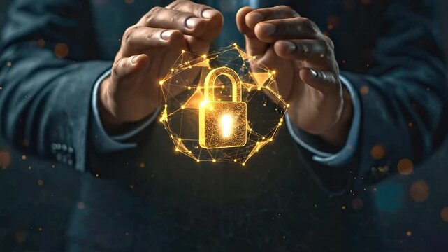 Golden Padlock Protected by Hands Cybersecurity and Data Protection