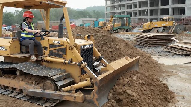 female construction operator skillfully driving a large yellow earthmoving machine at an active work